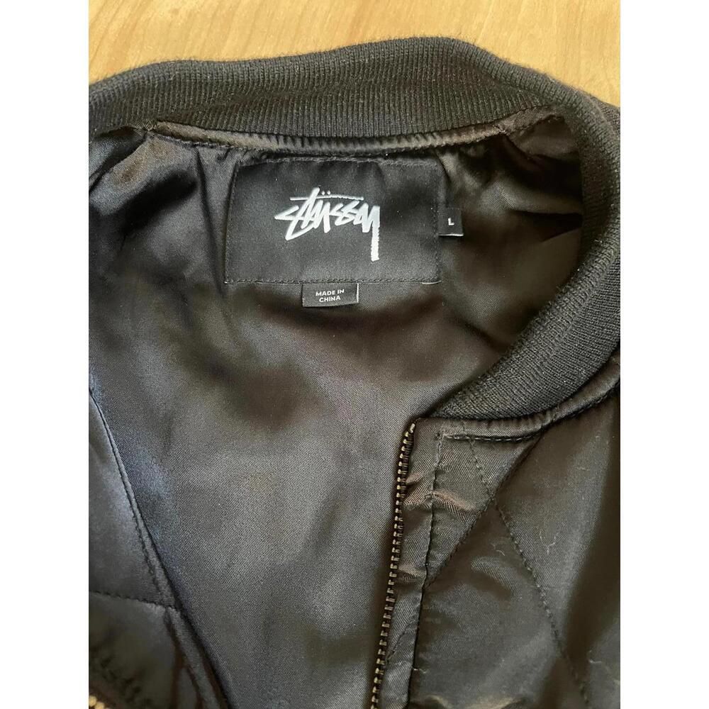 Stussy Satin Quilted Palm Tree Embroidery Bomber Jacket Mens Large Black - Picture 3 of 4